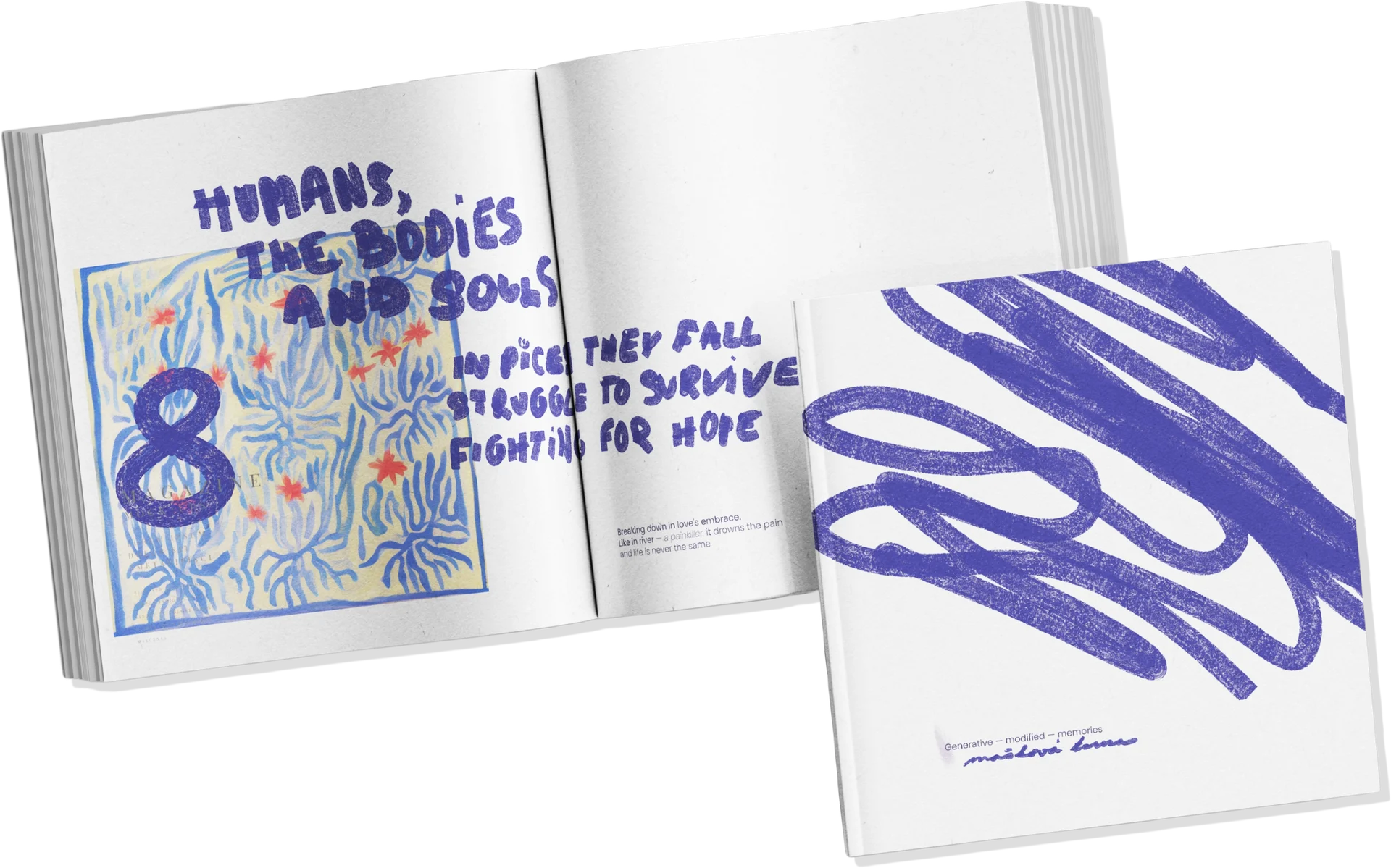The author's book open spread and cover floating over animated generative clouds