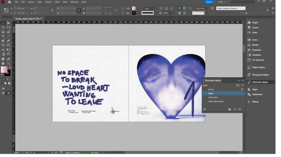 Adobe InDesign typesetting proof showing 150x150 mm spreads, column guides, text frames and vector artwork